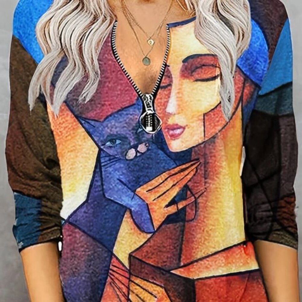 Casual Tunic Top with Abstract Cat Print Long Sleeves Zipper Closure - S